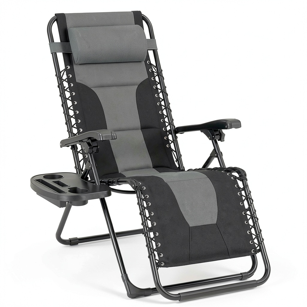 Chaise de jardin, inclinable, avec porte-gobelet, pliable, coloris noir et gris, pour la terrasse ou le jardin