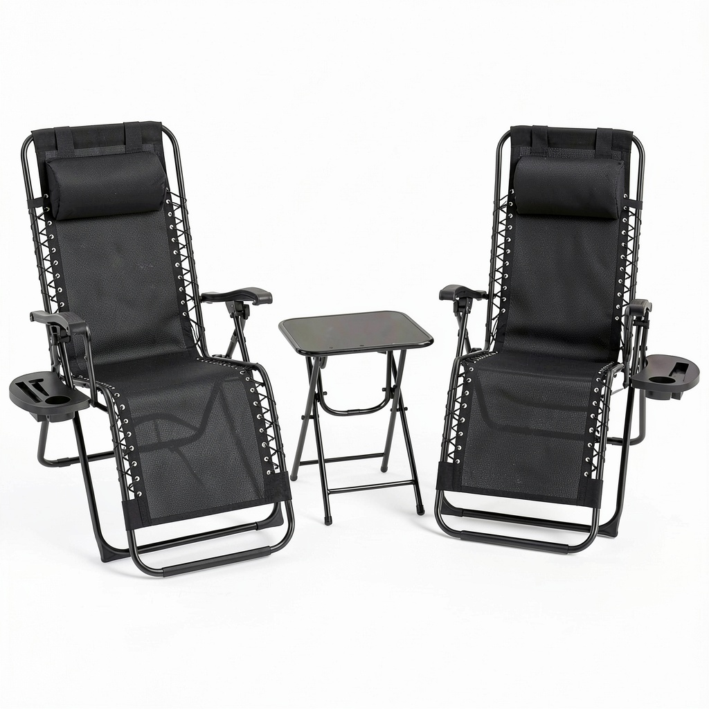 Chaise de jardin, inclinable, pliable, rembourré, coloris noir et beige, pour la terrasse ou le jardin