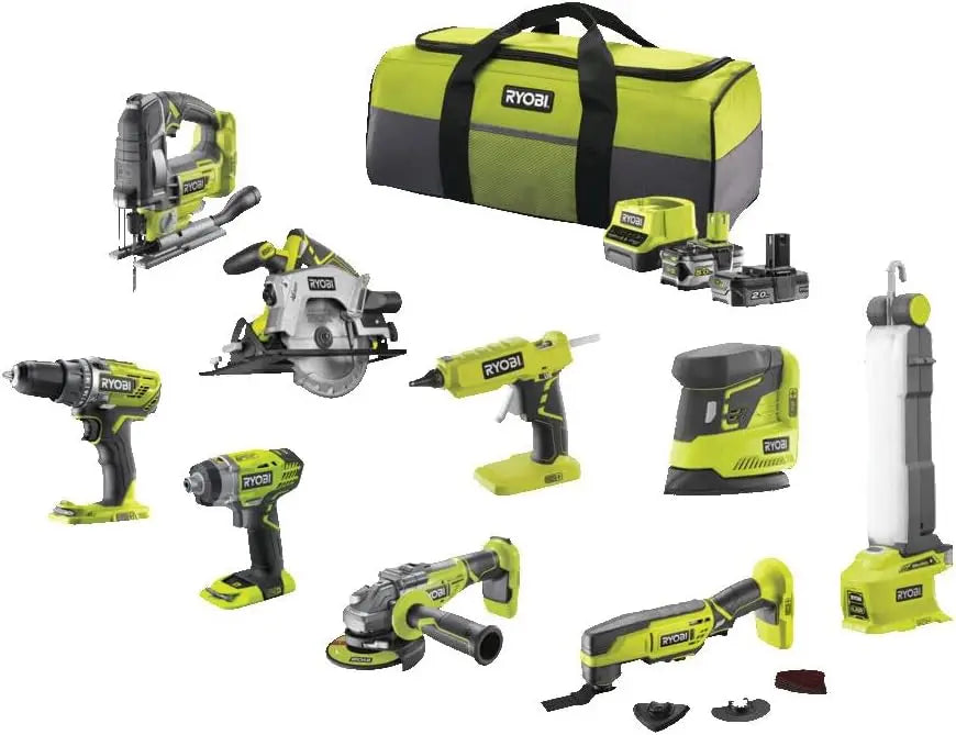 RYOBI Kit 9 Outils 18V ONE+ sans fil R18CK9B-252SLZ - 2 Batteries fournies – 5 Ah / 2 Ah, 220 Nm, gris