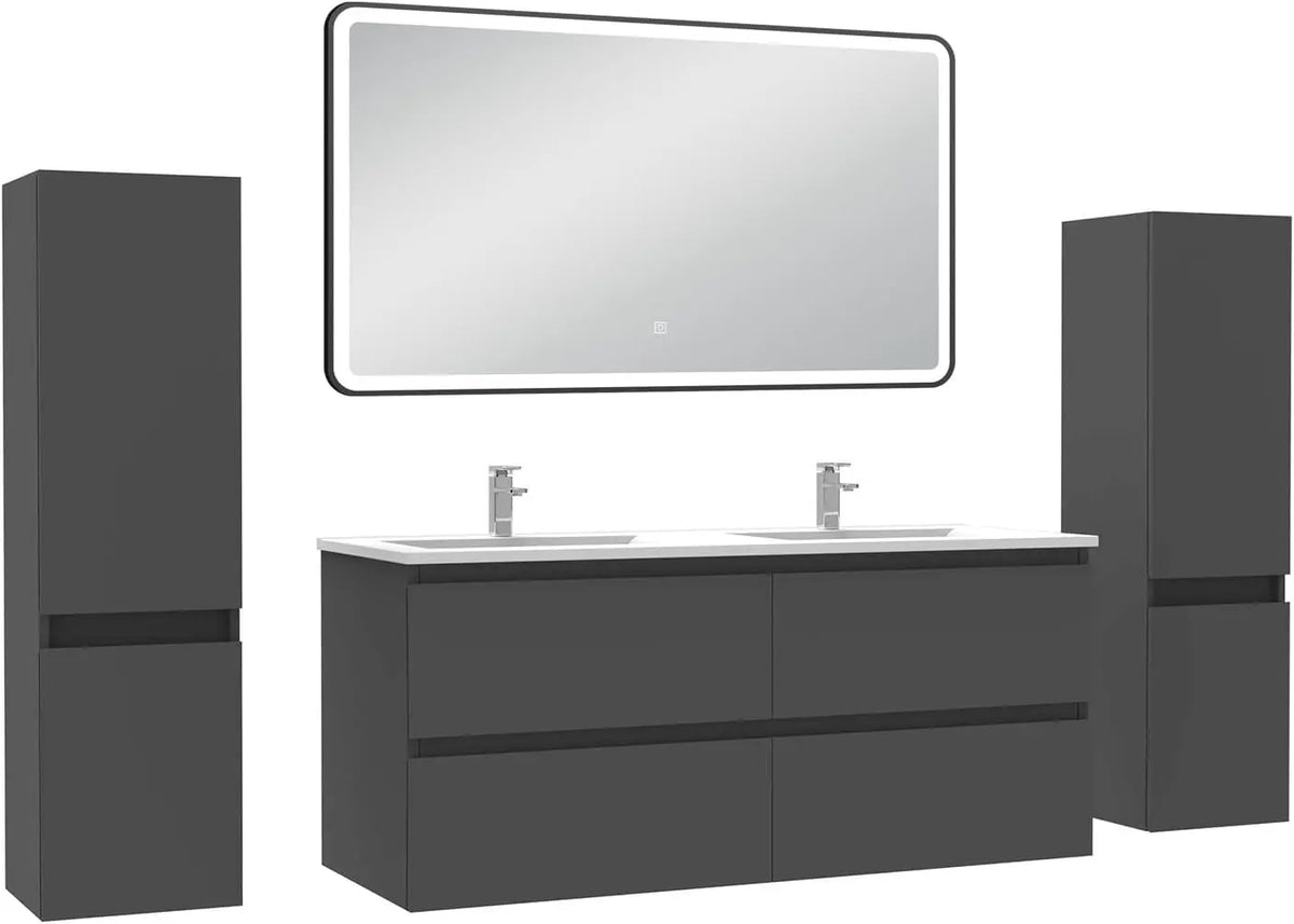 AICA Ensemble de Meuble Double Vasque 120 cm Salle de Bain + Miroir LED – gris
