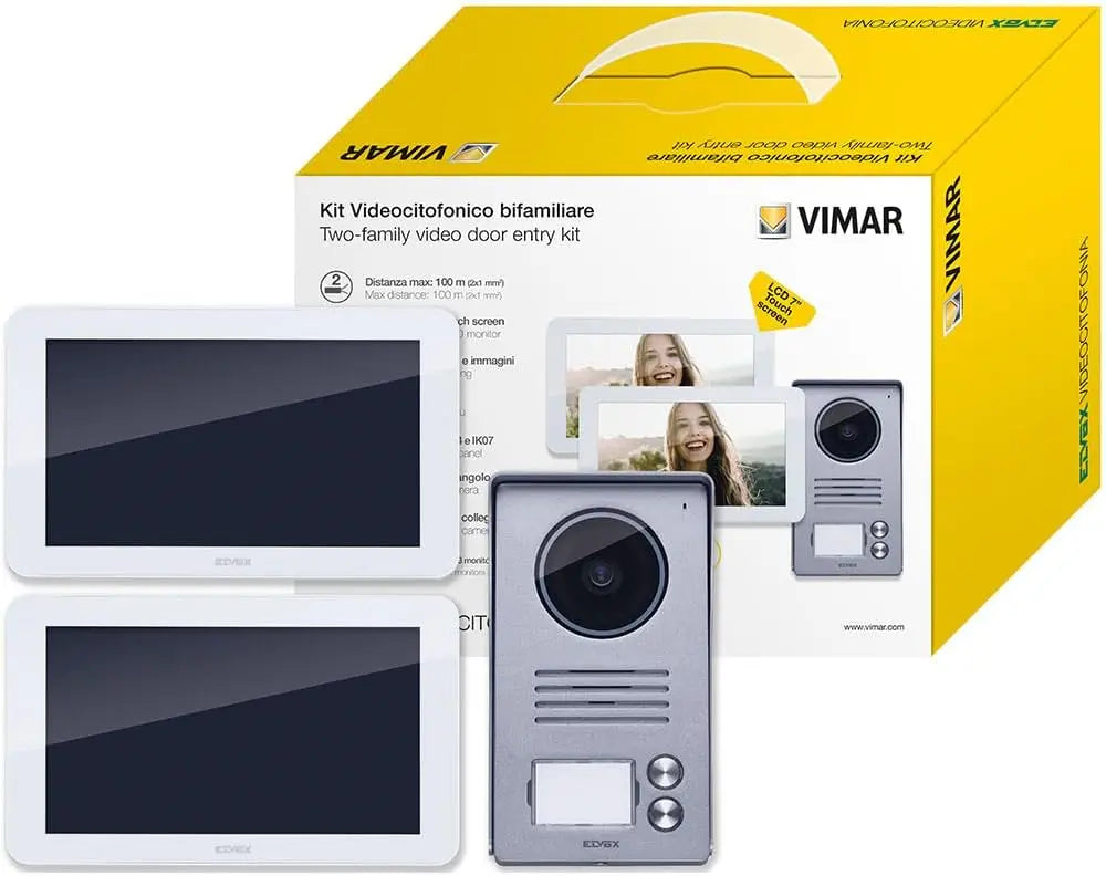 Vimar K40916 Kit interphone vidéo 7' tactile Bifamilial avec alimentation multifiche – gris/blanc