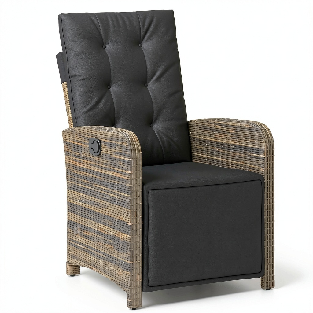 Chaise de jardin, en résine tressée, inclinable, avec coussin, coloris gris, pour la terrasse ou le jardin