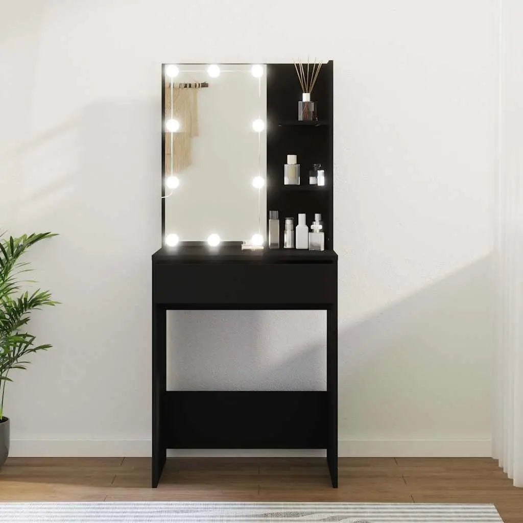 Coiffeuse avec lampes LED USB - Blanc chaud et blanc froid - En bois - Avec miroir et support mural