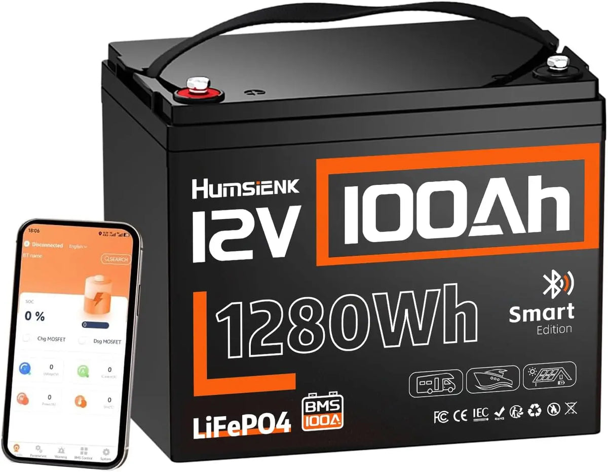 Humsienk Bluetooth Batterie Lithium 12V 100Ah LiFePO4 – 1280 Wh, gris/noir
