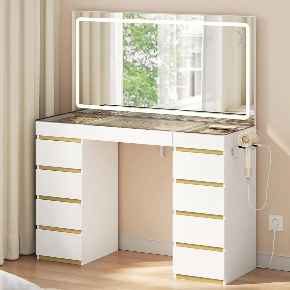 WOLTU Coiffeuse avec Miroir LED – beige/gris