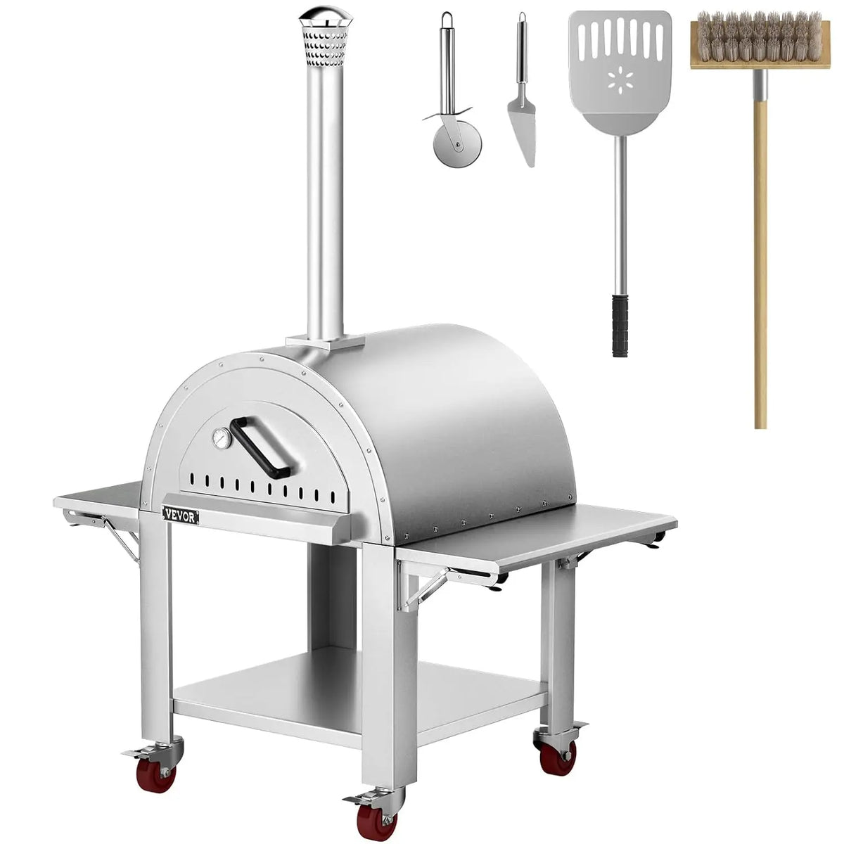 VEVOR Four à Pizza Extérieur en Inox Four à Pizza à Bois avec Pelle et Pierre à Pizza Four à Bois – argenté