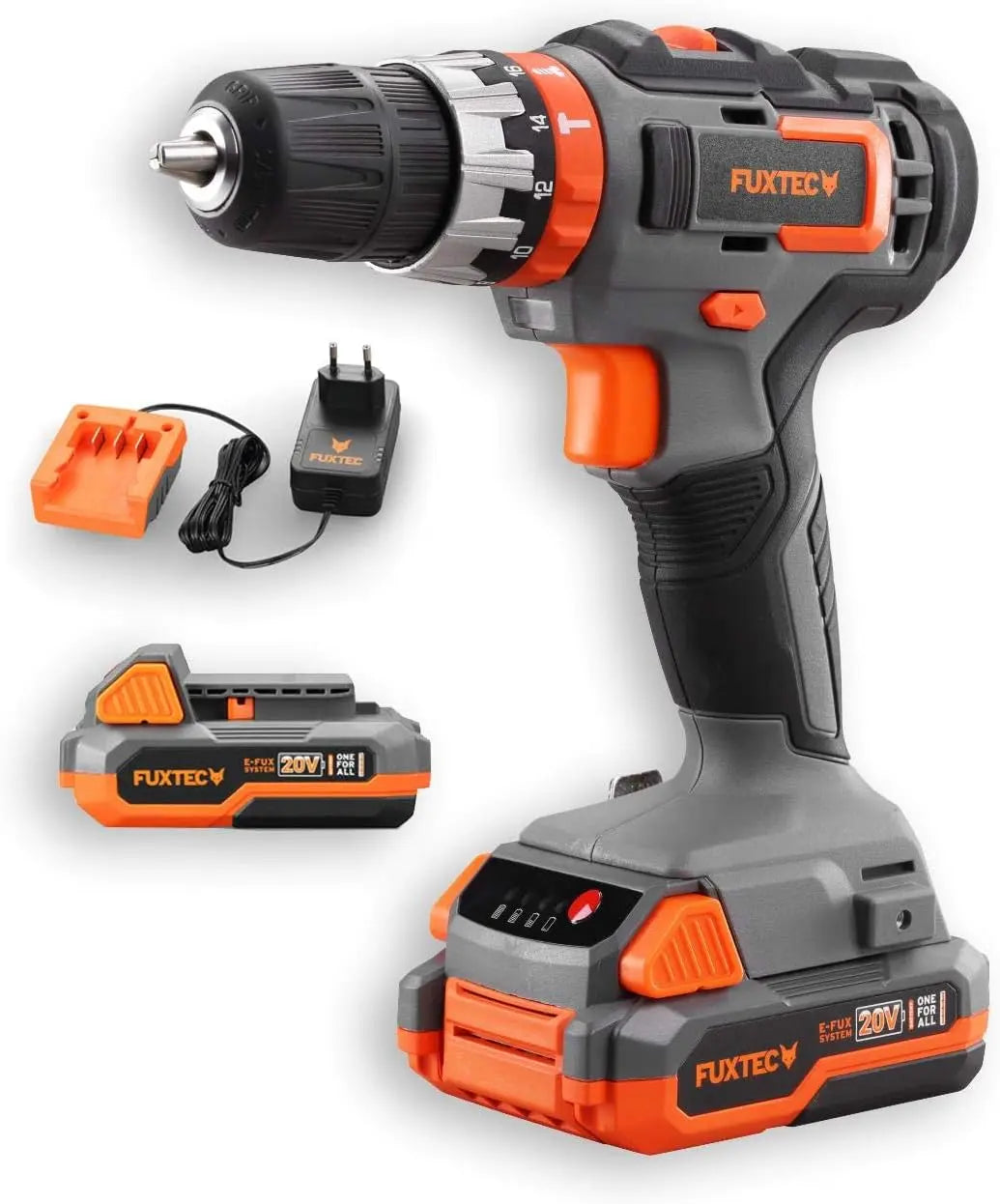 Perceuse-visseuse à percussion sans fil 20V FX-E1SBS20 avec 2 batteries Li-Ion 2Ah – 35 Nm, gris/orange