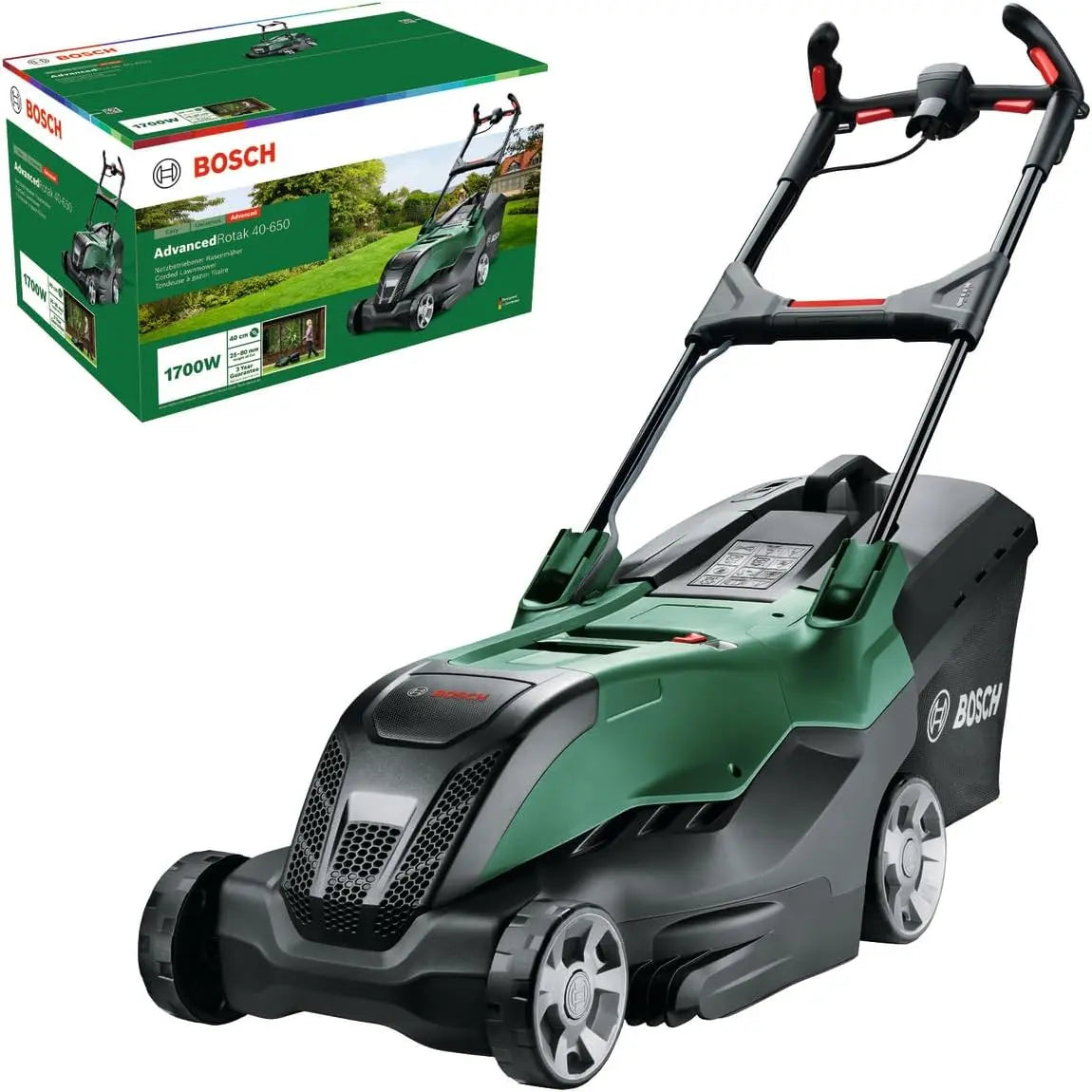 Bosch Tondeuse Filaire puissante AdvancedRotak 40-650 pour tondre Votre pelouse – 1700 W, gris/vert/noir
