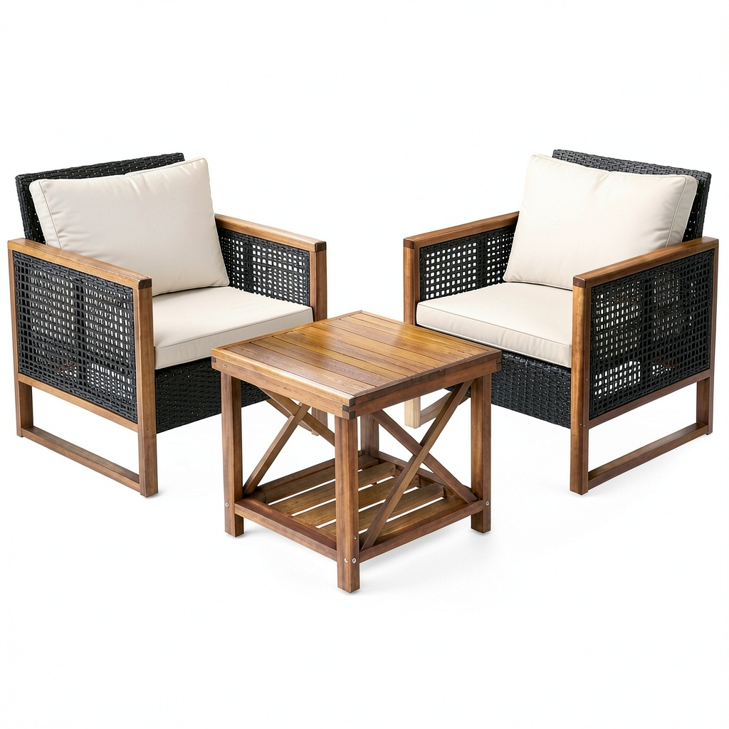 Salon de jardin, 3 pièces, avec coussin, en résine tressée, coloris beige, pour la terrasse ou le jardin