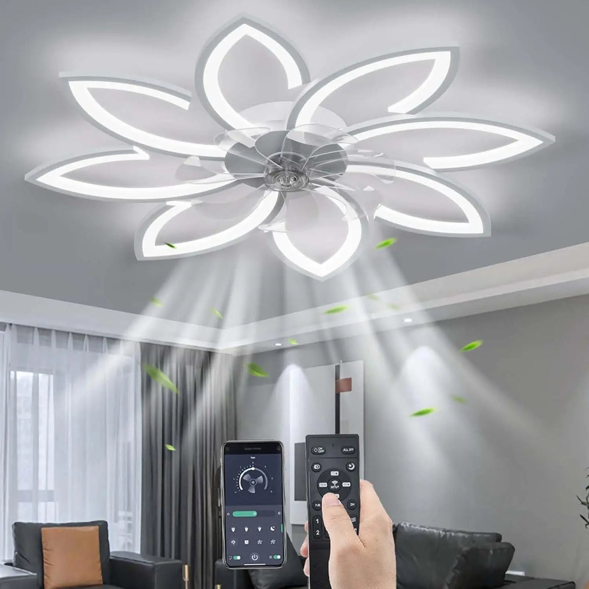 YUNZI Sourdine Ventilateur de Plafond avec lumière avec télécommande – 66 W / 90 W, blanc