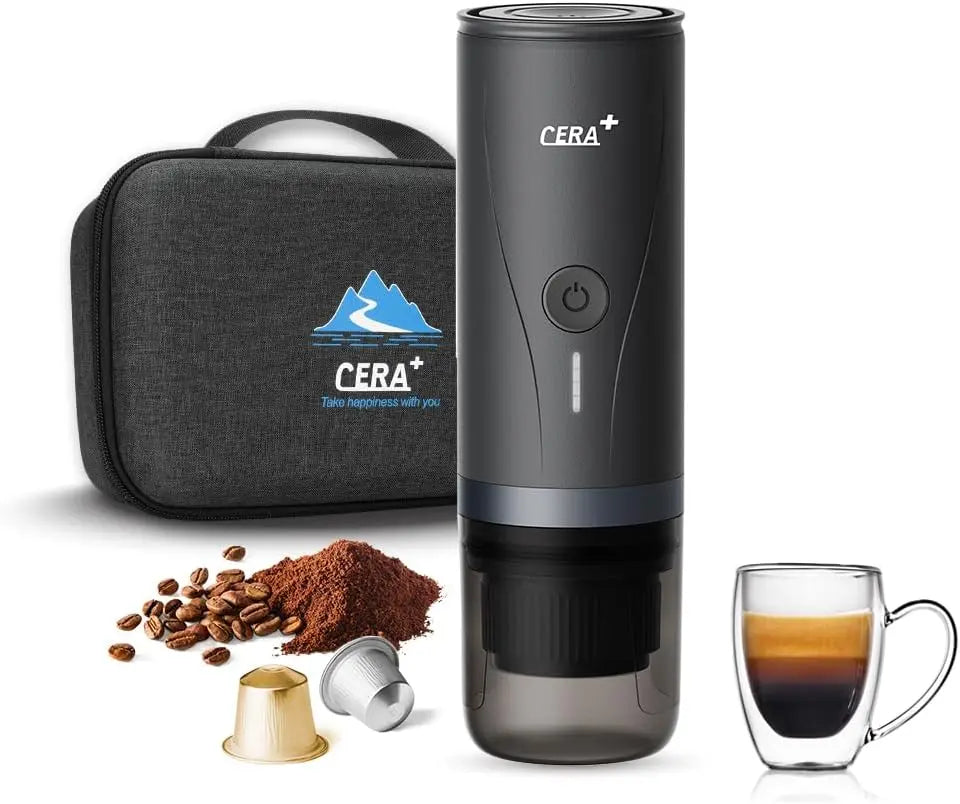 CERA+ Cafetière portable avec batterie – 10 W / 15 W, 80 ml / 50 ml, 7500 mAh, gris/noir