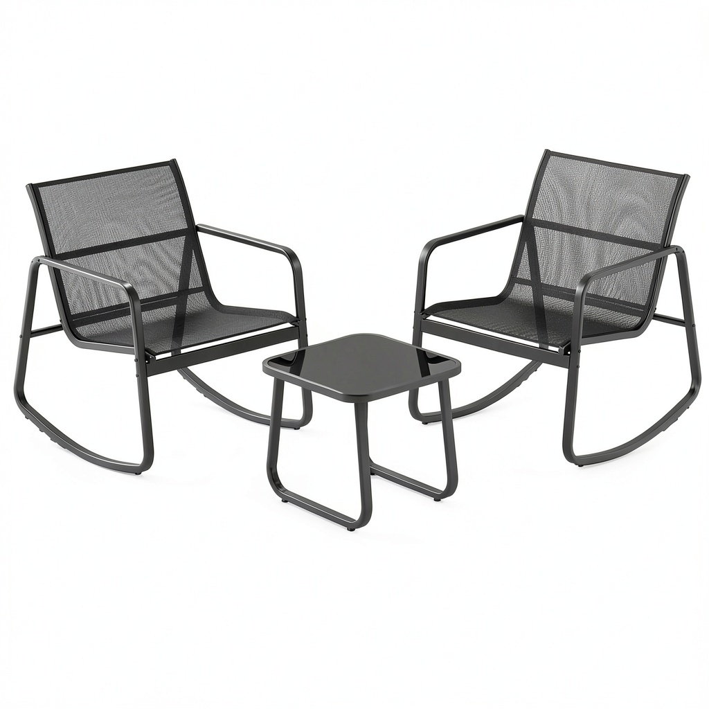 Salon de jardin, en métal et verre, à bascule, coloris noir, 3 pièces, pour la terrasse ou le jardin