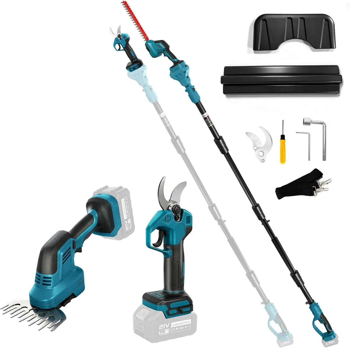 Taille-haie et sécateur électrique sans Fil 5-en-1 avec Manche télescopique Compatible Batterie Makita – gris/noir/bleu