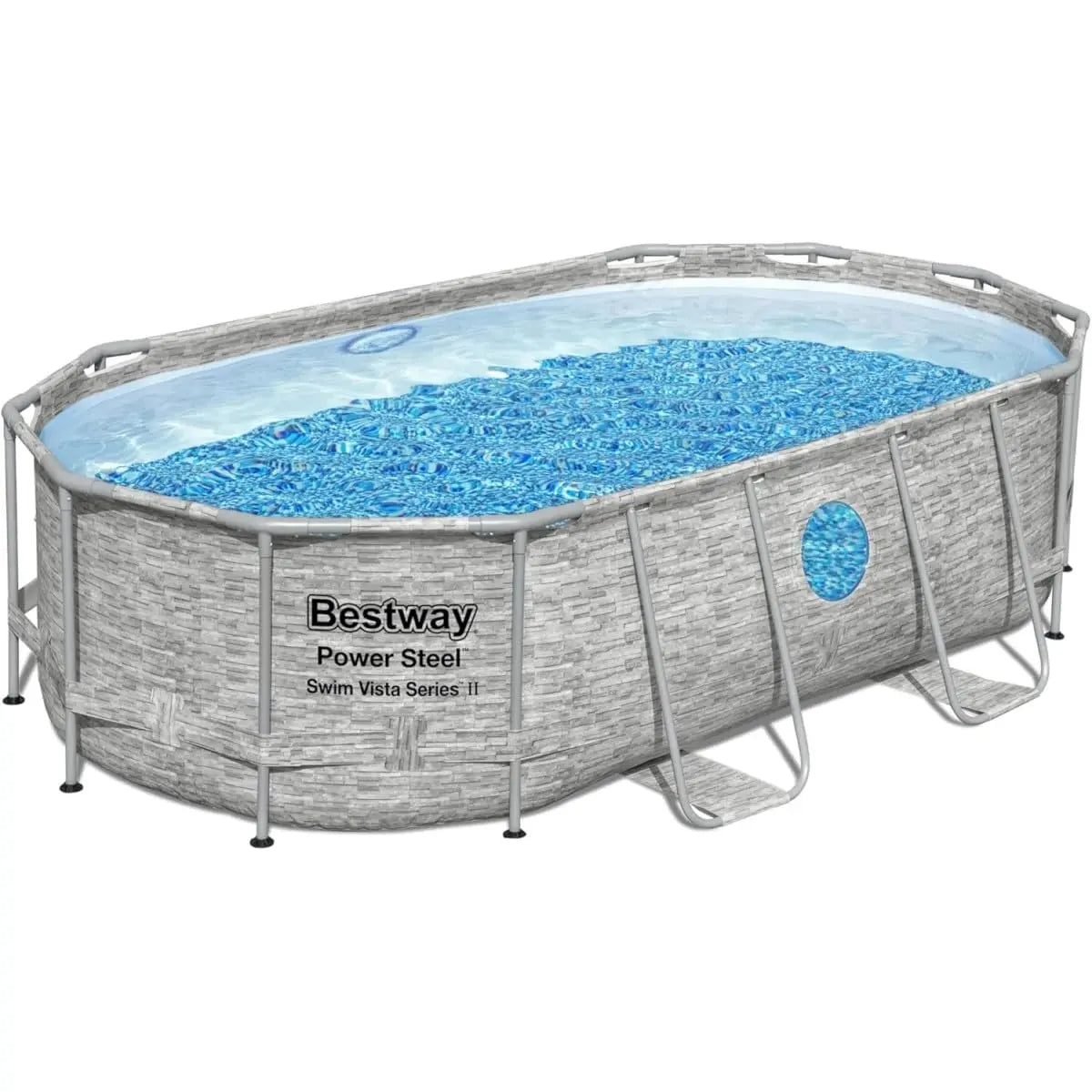 Piscine BESTWAY Hors Sol Power Steel SwimVista Ovale Motif rotin avec hublots 427 x 250 x 100 cm – gris/bleu