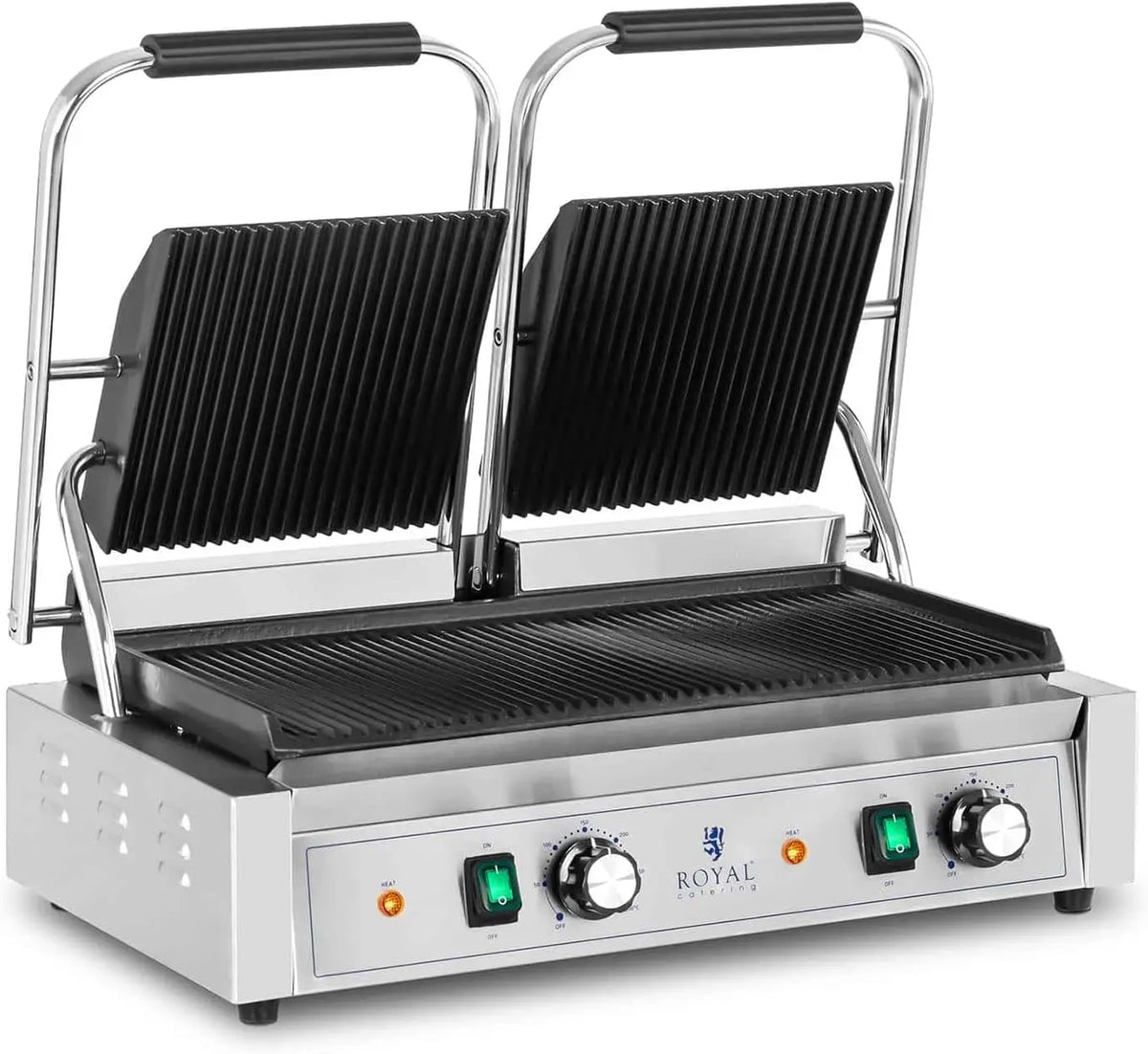 Royal Catering Presse à Panini Double 3 600 W Plaques Rainurées 50-300 °C Avec Collecteur de graisse – argenté