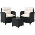 Salon de jardin, 2 places, avec coussin, rembourré, en verre et résine tressée, coloris noir et blanc, pour la terrasse ou le jardin