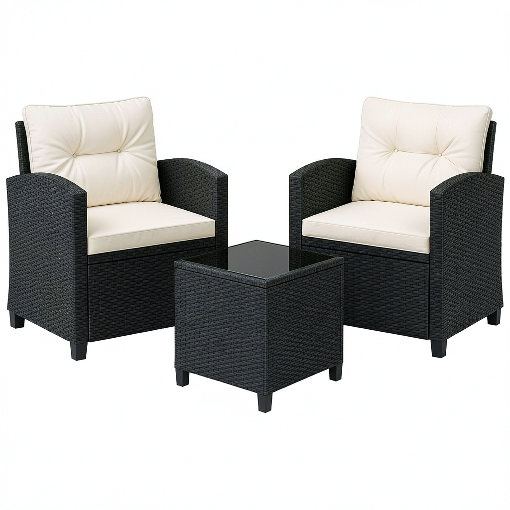 Salon de jardin, 2 places, avec coussin, rembourré, en verre et résine tressée, coloris noir et blanc, pour la terrasse ou le jardin