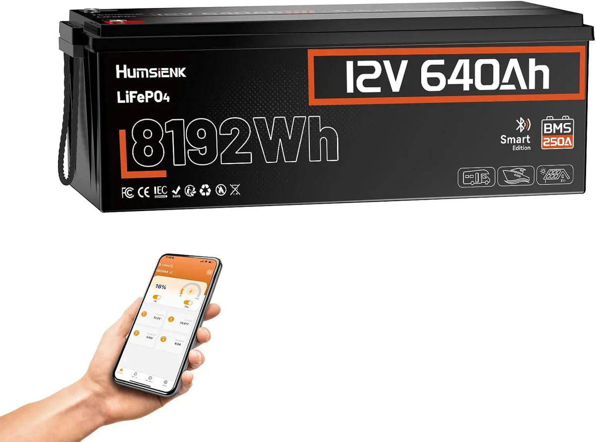 Humsienk Bluetooth Batterie Lithium 12V 640Ah LiFePO4 avec 250A BMS Protection – 8192 Wh, noir/gris