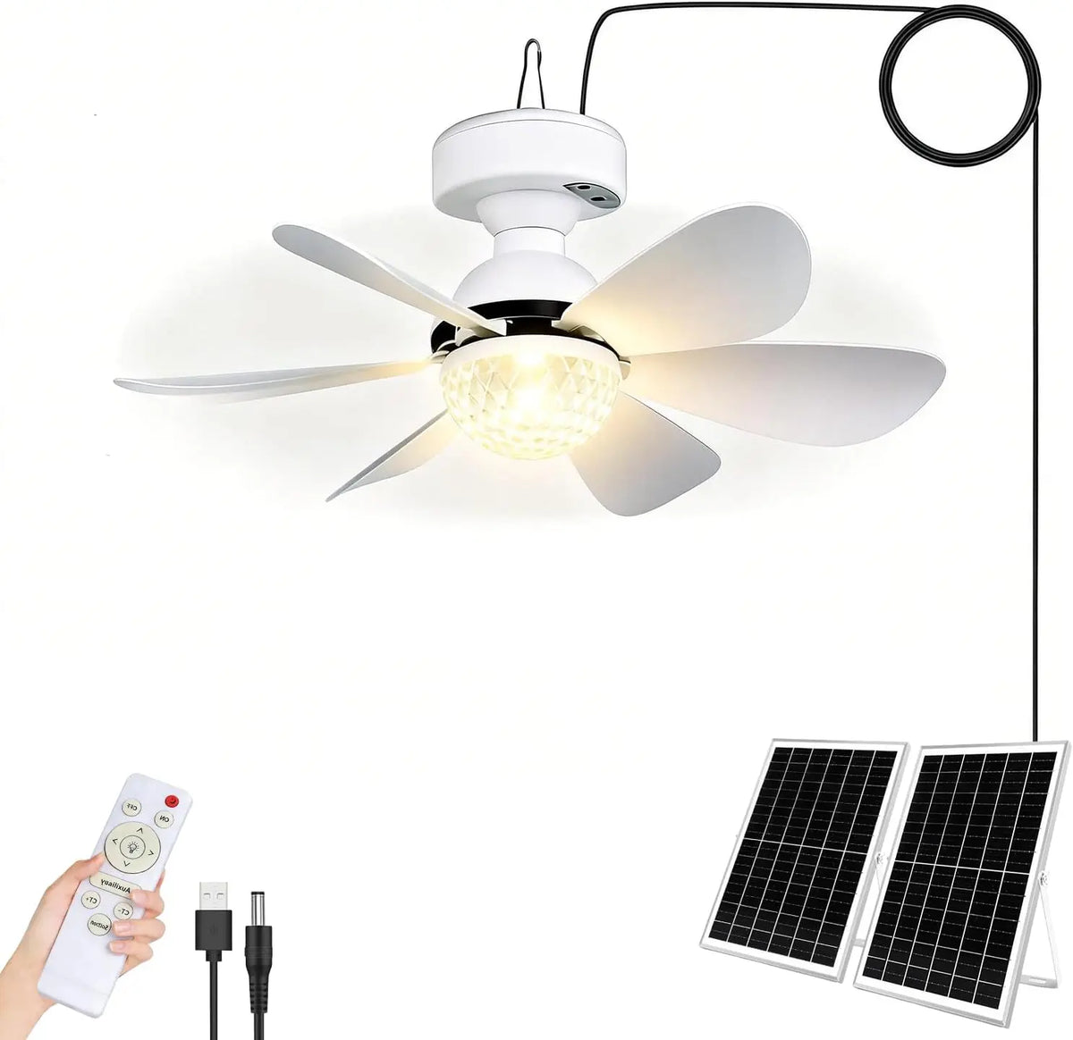 KZT Ventilateur solaire de plafond avec éclairage et télécommande – gris/blanc/noir
