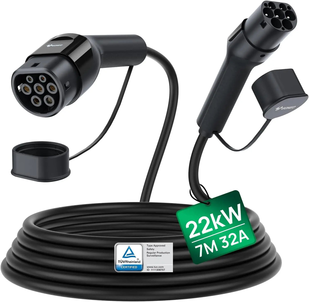 GONEO Câble de Recharge Type 2 22KW 7M 32A Voiture Électrique Triphasé – noir/gris