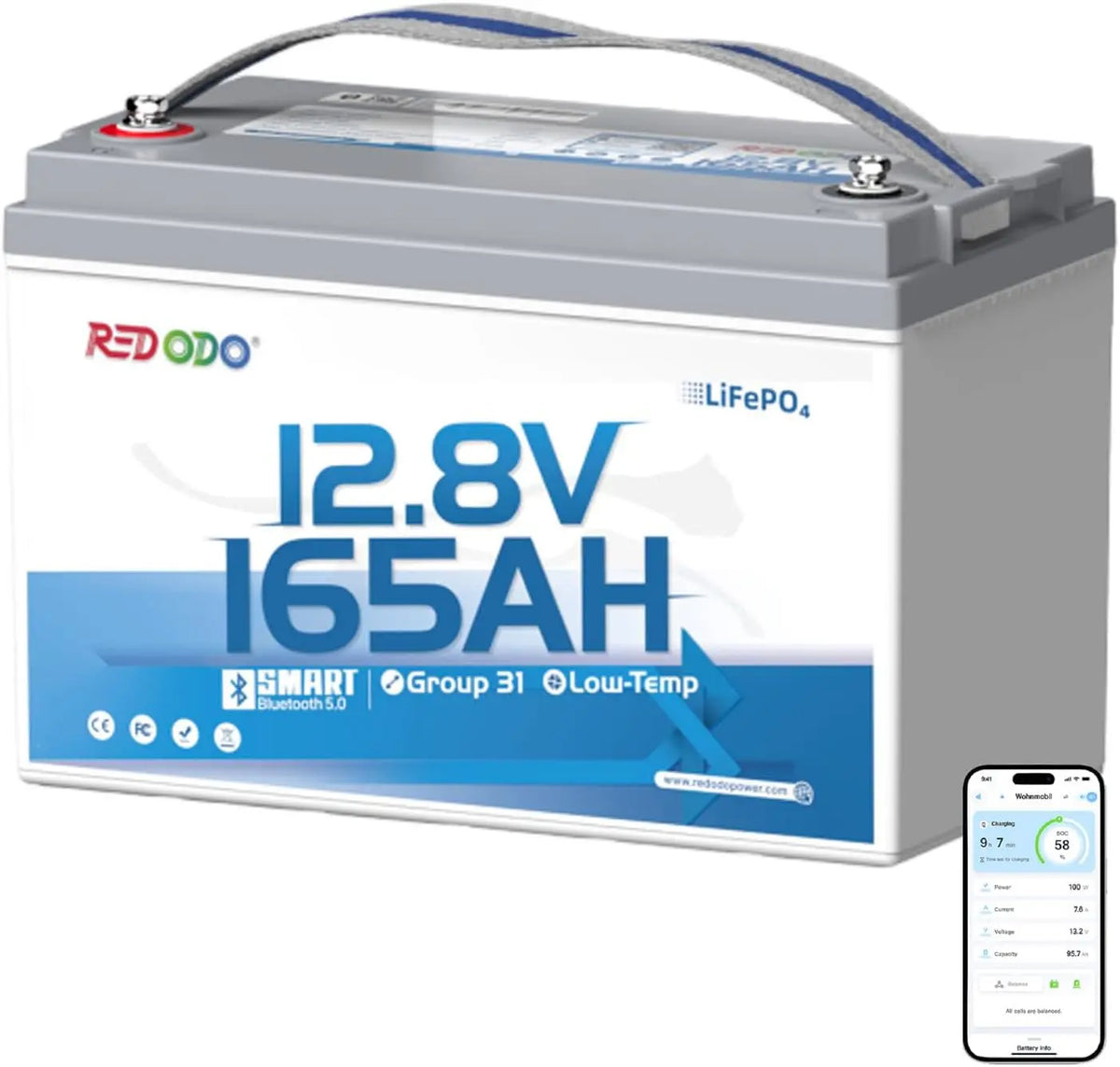 Redodo 12V 165Ah Batterie LiFePO4 avec Bluetooth 2112Wh Batterie Lithium Group31 avec BMS 165A Idéale – gris/bleu