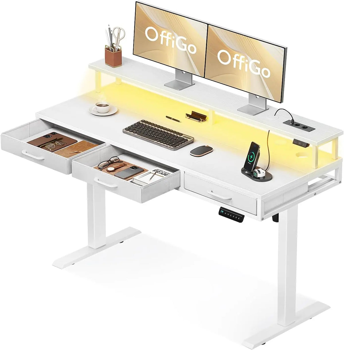 OffiGo Bureau Assis Debout avec 3 Tiroirs – blanc