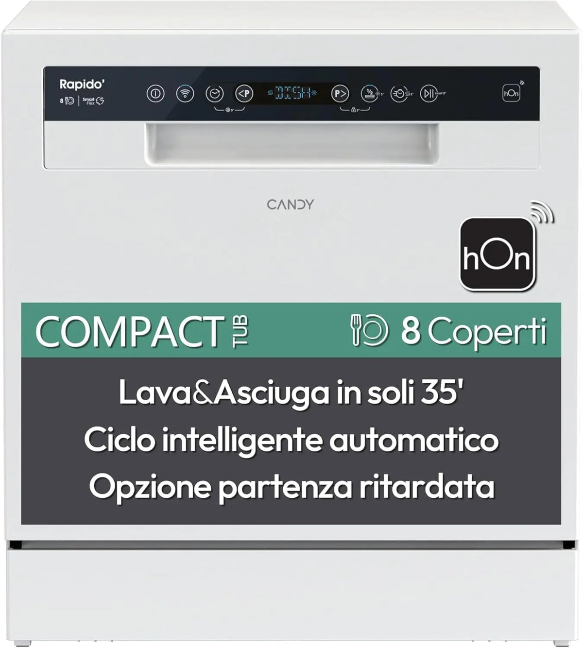 Candy Rapido' CP 8F9FFW Lave-vaisselle compact – 550 L, 59,5 x 50,1 x 55 cm, blanc