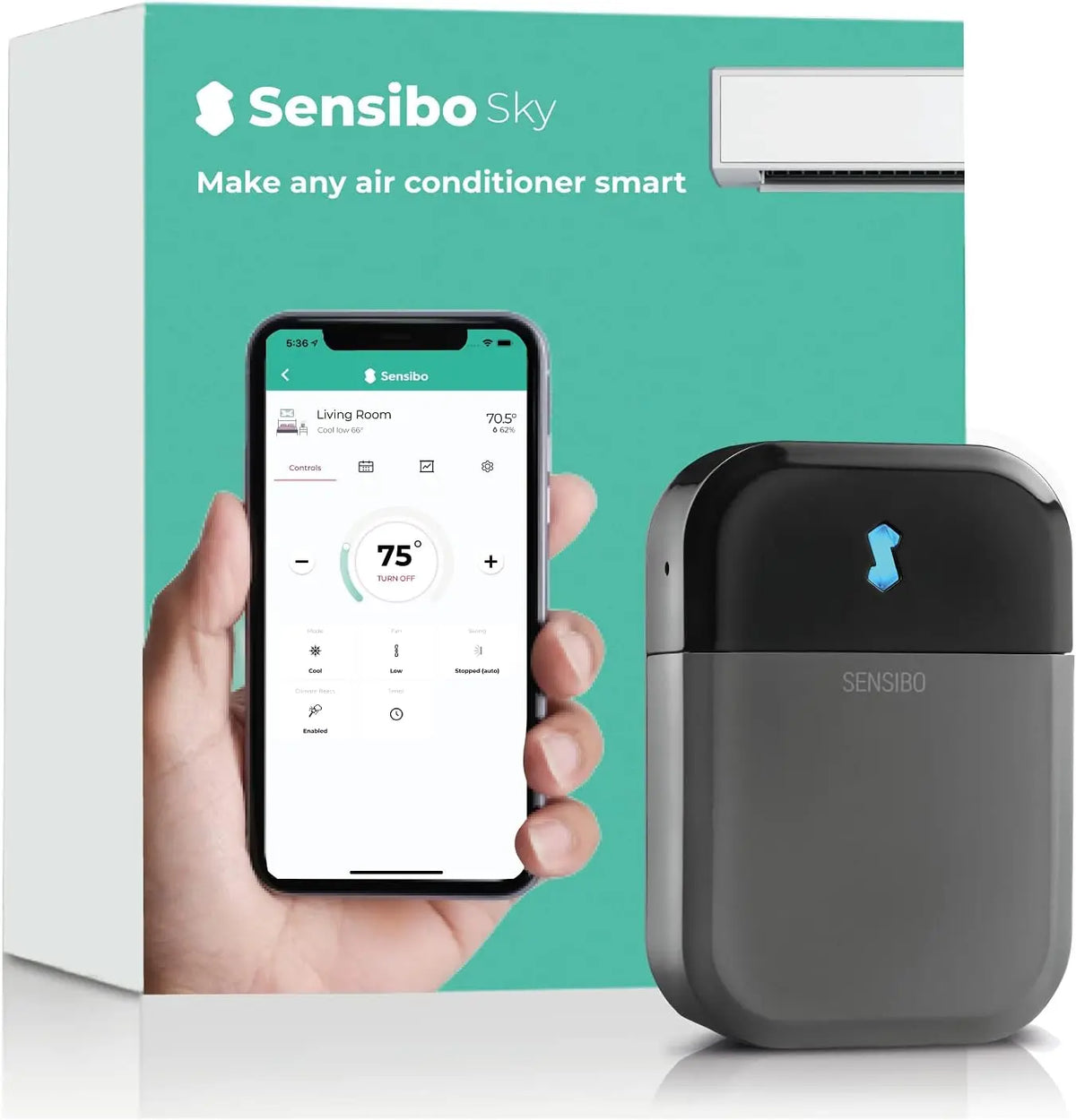 Sensibo Sky -Contrôleur intelligent sans fil pour climatiseur. Installation facile. Confort optimal – vert/gris