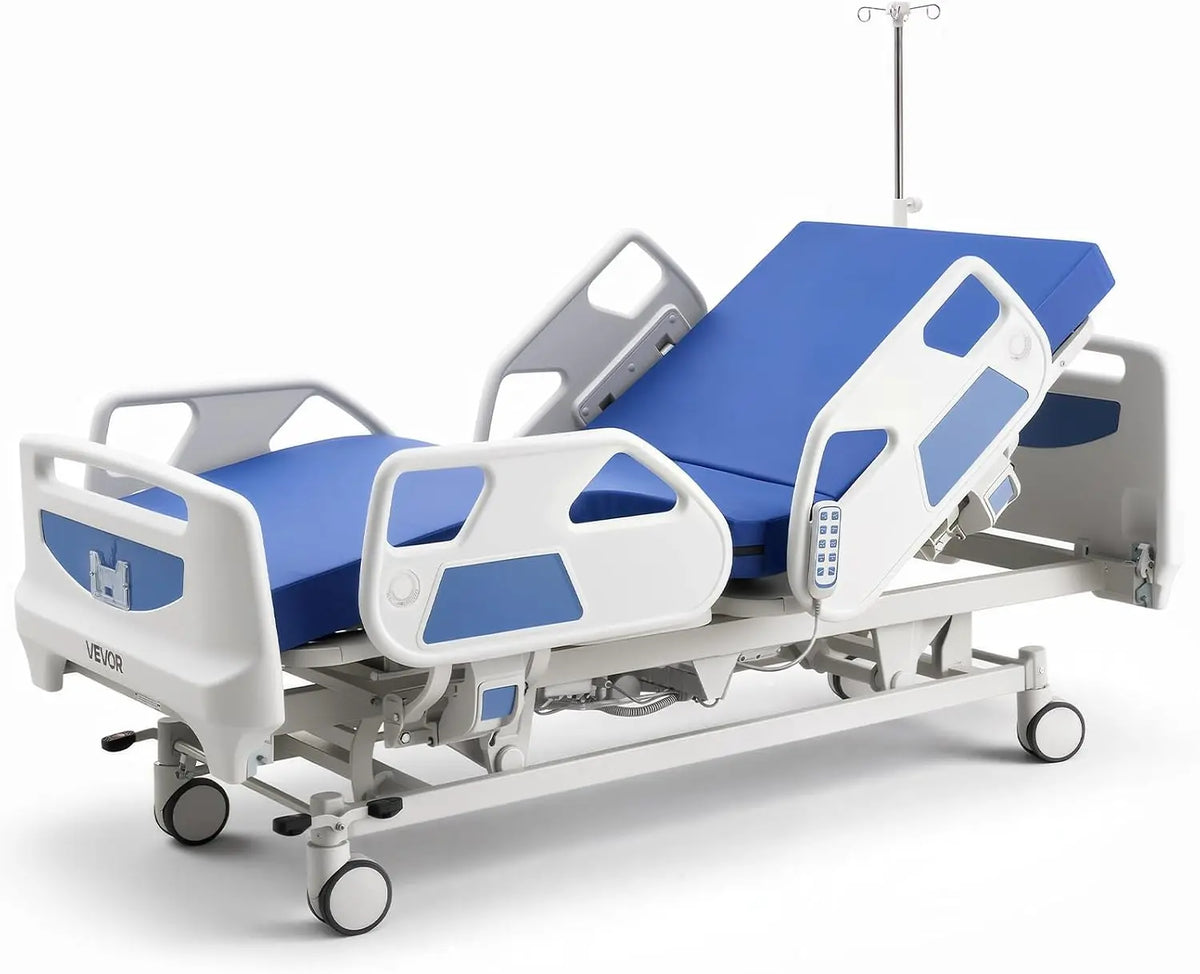 VEVOR Lit Médicalisé Entièrement Électrique 5 Fonctions Lit Hôpital Charge 250 kg pour Soins à Domicile – 2170 x1080 x840 mm, gris/bleu