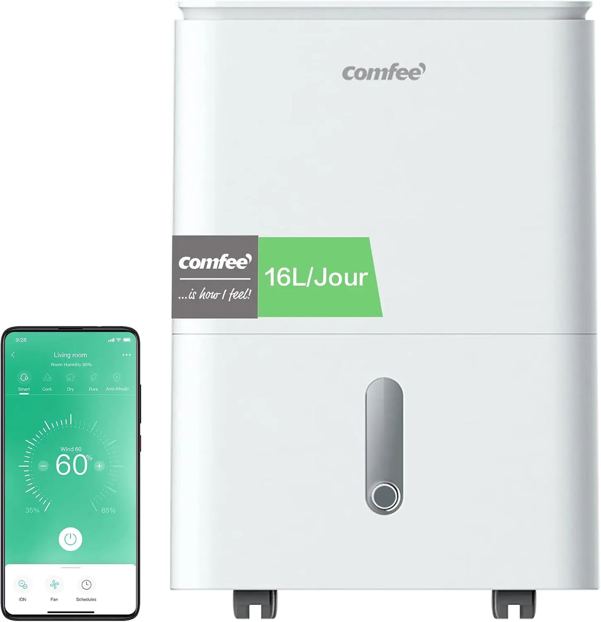 COMFEE' Déshumidificateur 2-EN-1 – 440 W, 16 L, 16 L/Jour, vert/gris
