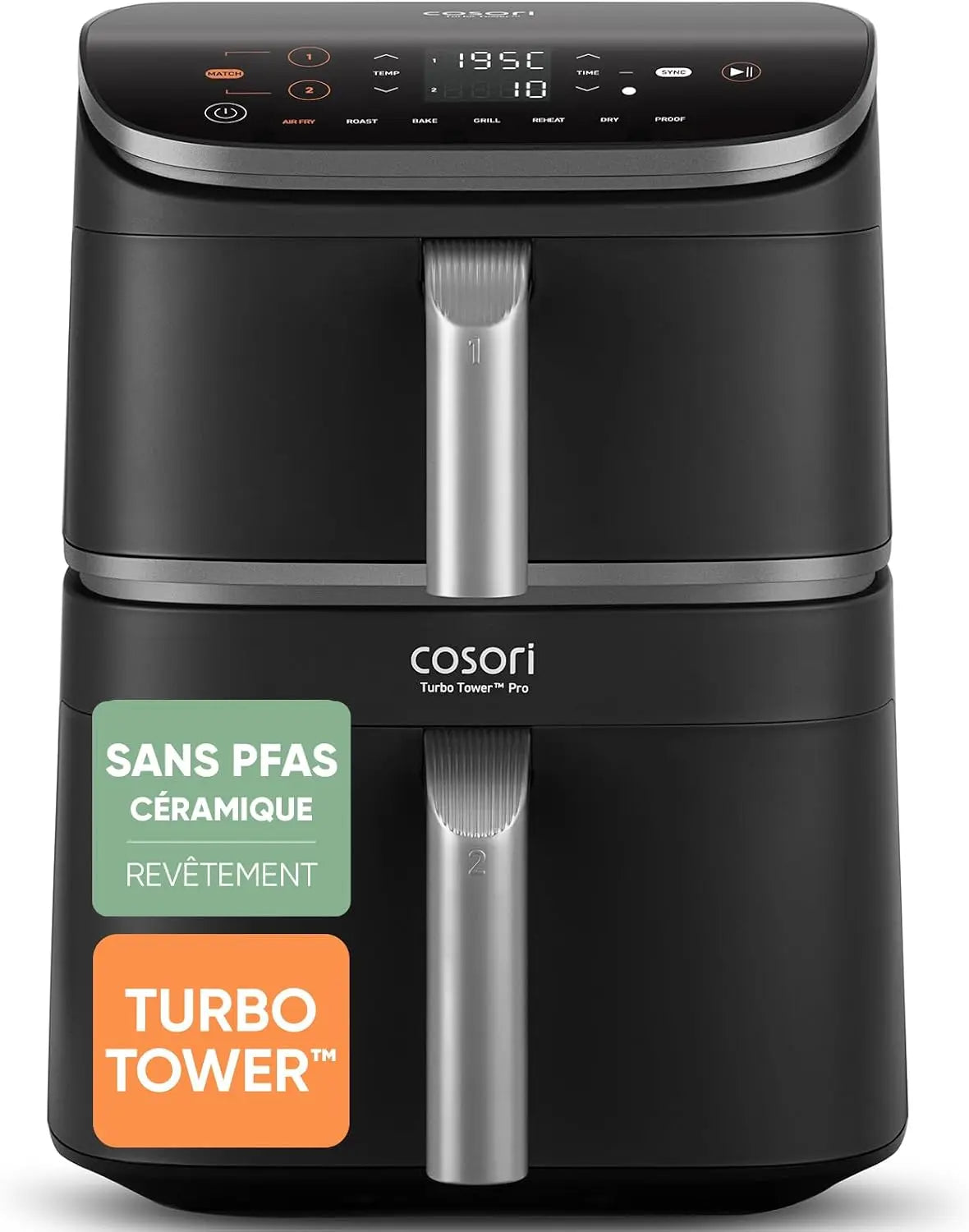 Cosori Air Fryer 10.8L Turbo Tower Pro Revêtement Céramique sans PFAS – 10,8 L, noir/gris