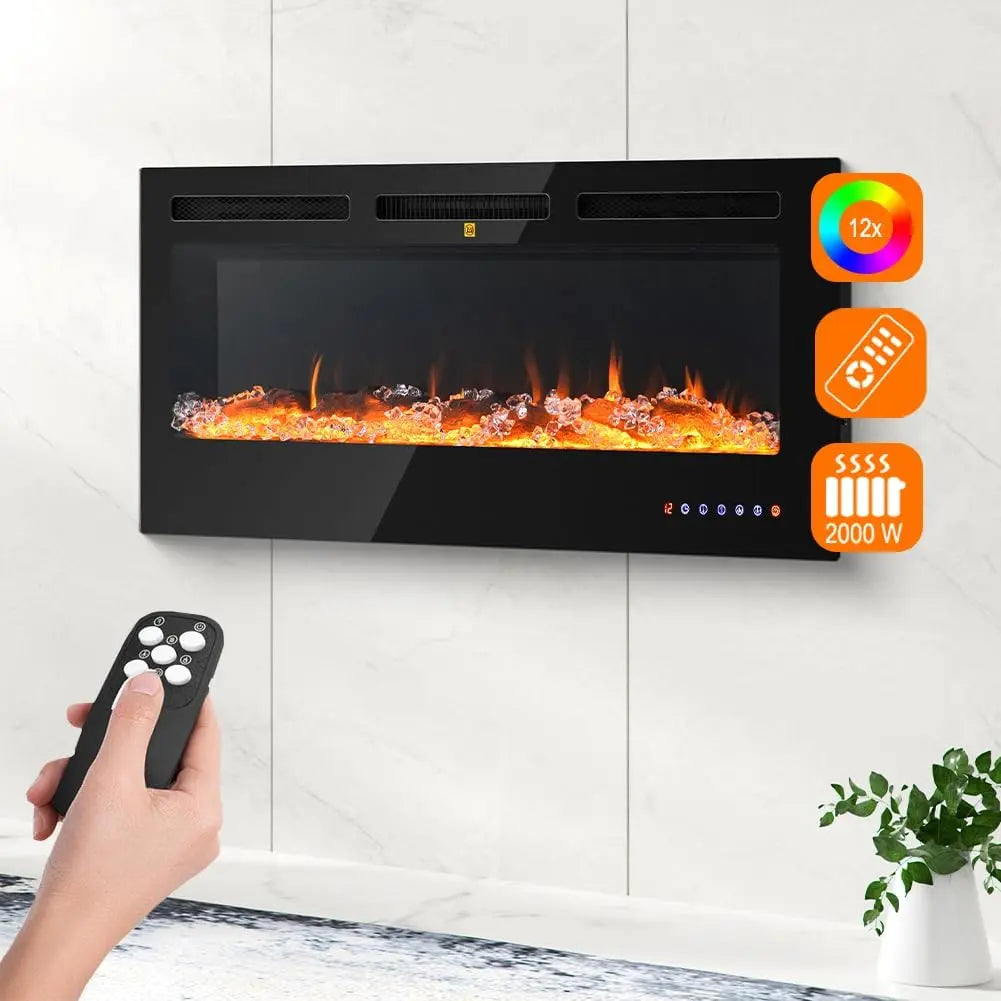 BAKAJI Cheminée électrique murale avec cadre en bois – 2000 W, noir/gris