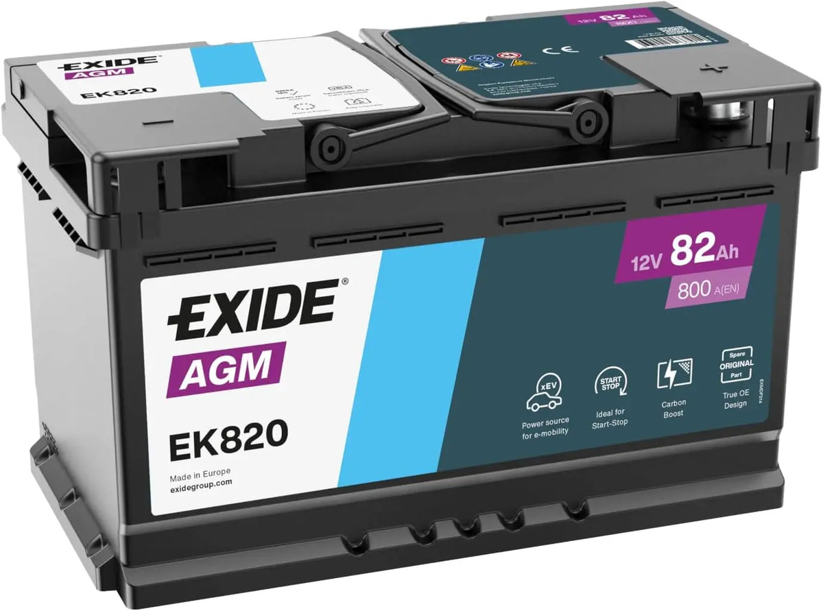 Exide EK820 Batterie Auto AGM 12V Plomb-Acide pour véhicules Start Stop et xEV - 82Ah 800A - Haute – gris/bleu/noir