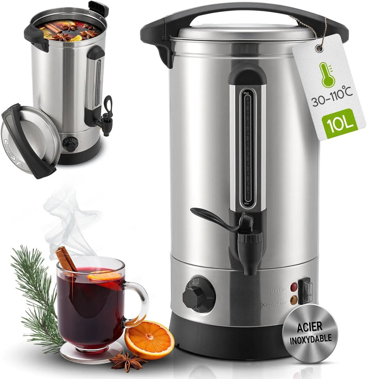 Juskys Marmite à vin chaud Teramo 10 litres 1 500 W avec robinet – argenté