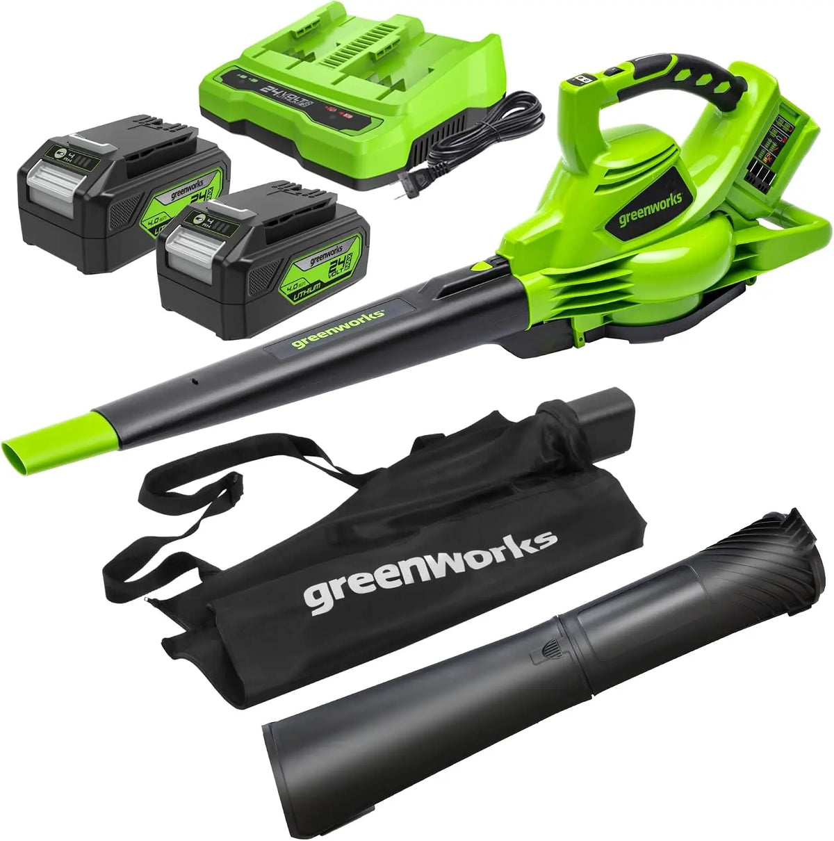 Greenworks 48 24V x 2 Aspirateur Souffleur Sans fil de Feuilles à Batterie Bandoulière – GD24X2BVK4X, 45 L, 9 m³/min, 4 Ah, gris/noir/vert