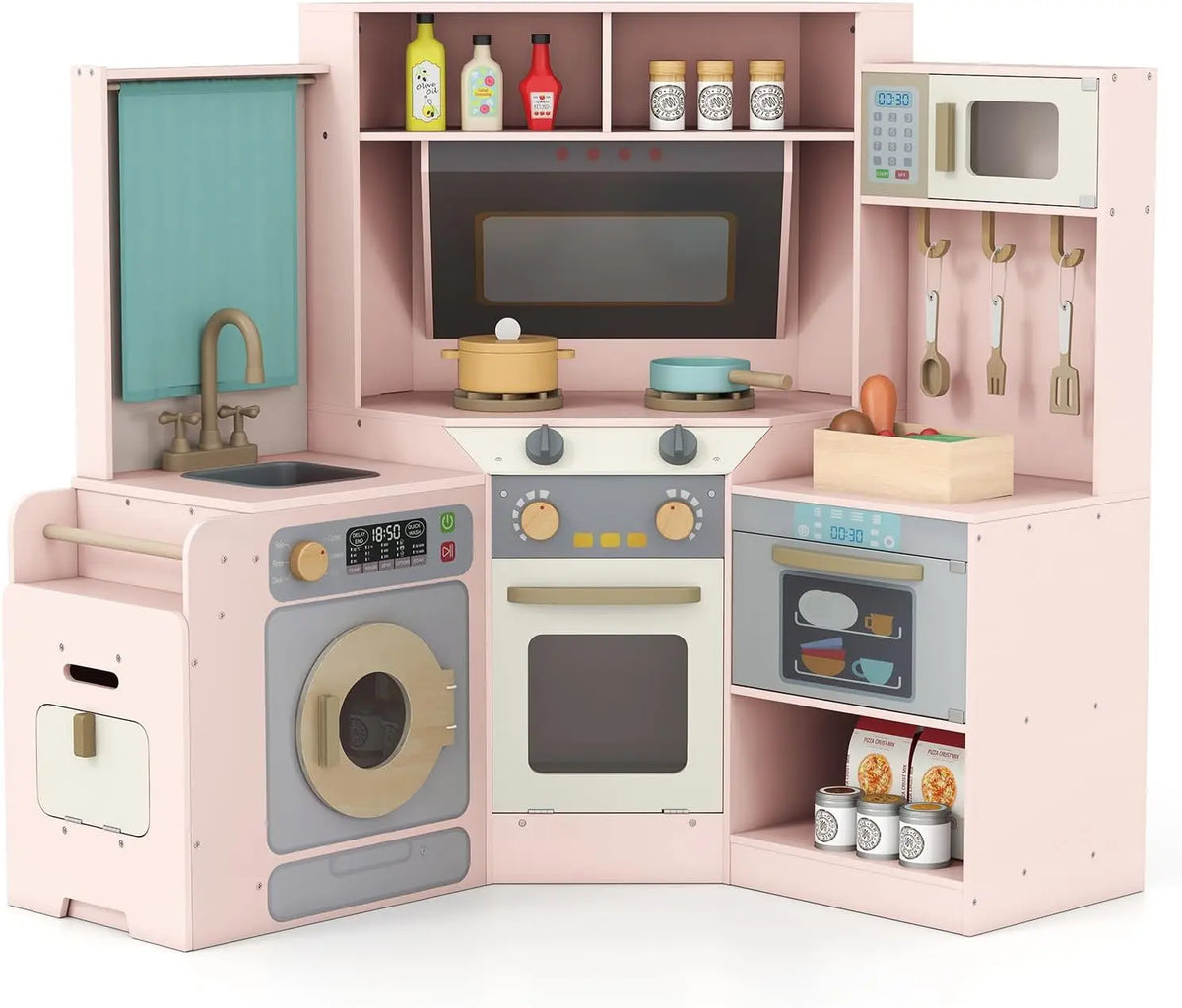 DREAMADE Cuisine d'angle en Bois avec Lumières et Sons Réels – 118 x 59 x 93 cm, rose