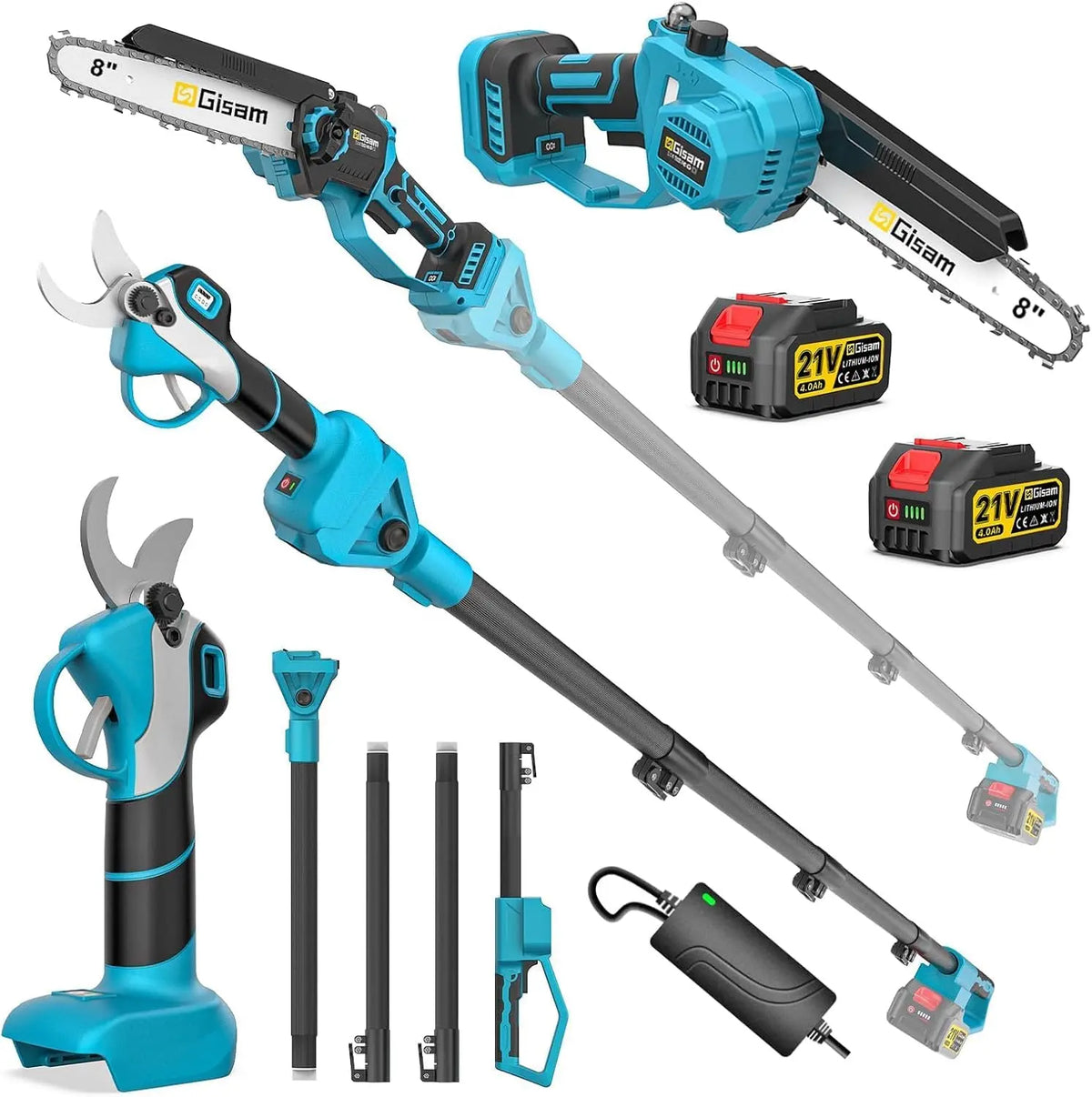 Mini tronçonneuse et sécateur électrique 4 en 1 avec batterie de 20,3 cm – 4,0 Ah, gris/bleu