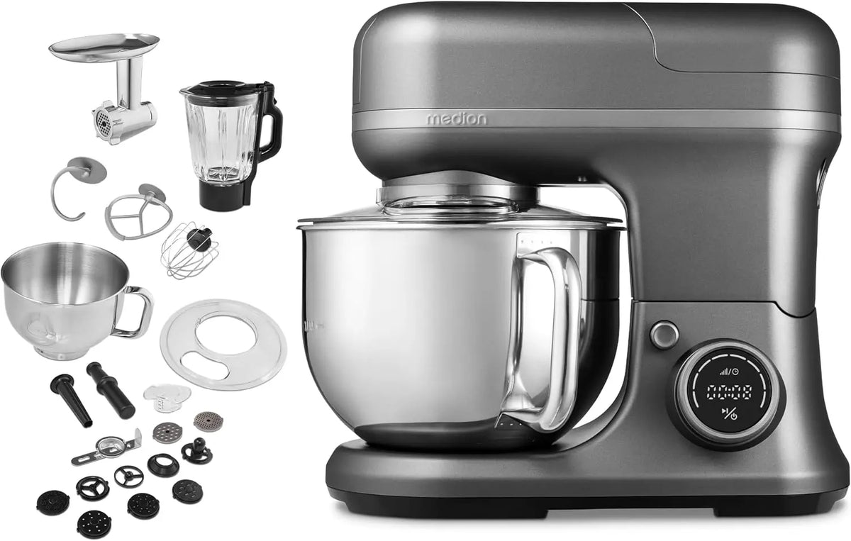 MEDION Robot de cuisine avec hachoir à viande – 1200 W / 1,200 watts, gris