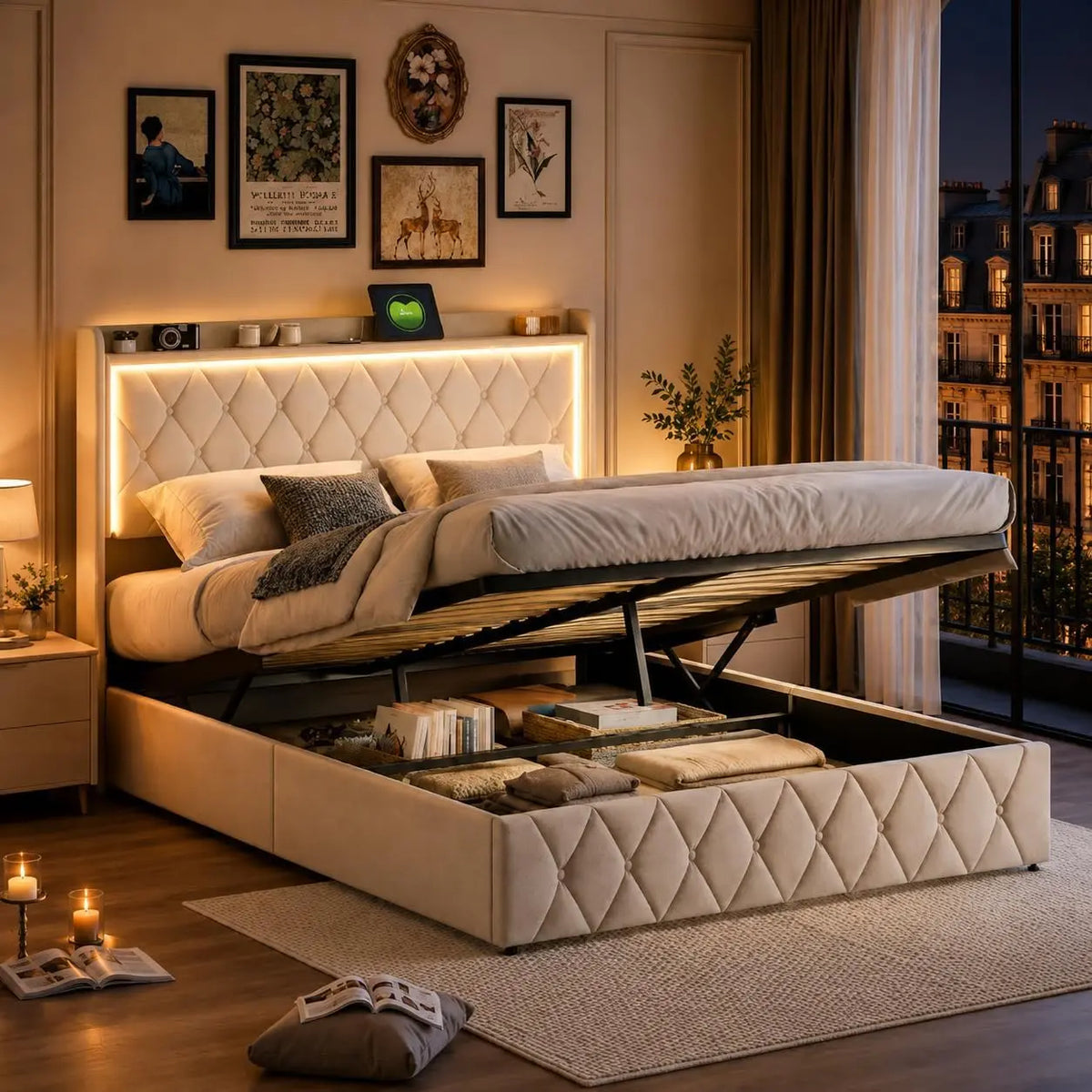 LIVLUX Lit Coffre 140 x 190 cm avec LED et Prise USB – beige