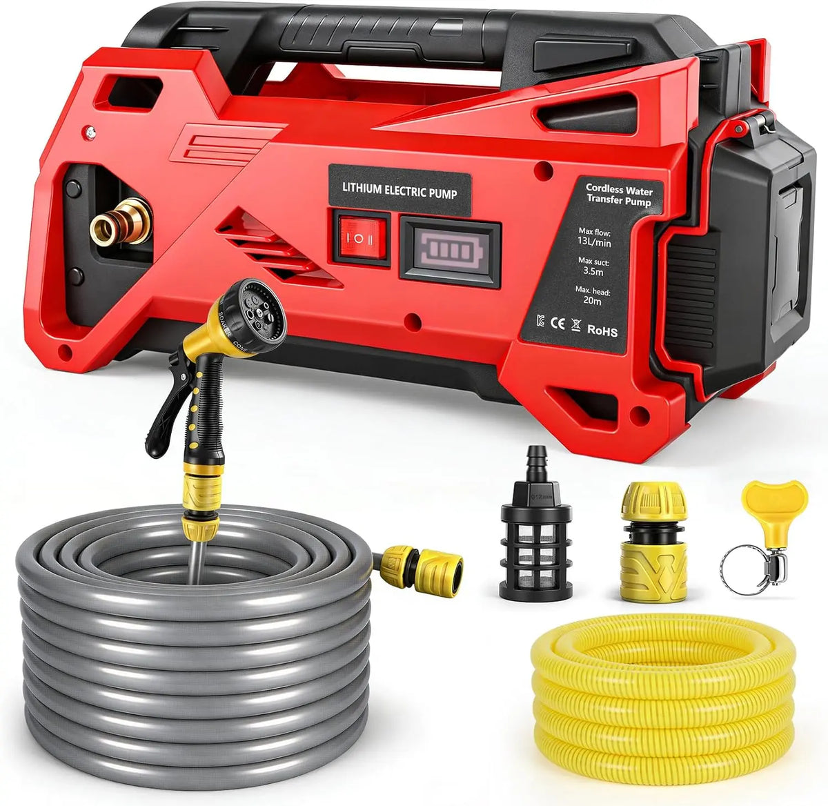 Pompe de transfert d'eau compatible avec batterie Milwaukee 18 V – sans fil, 13 L, gris/rouge/orange