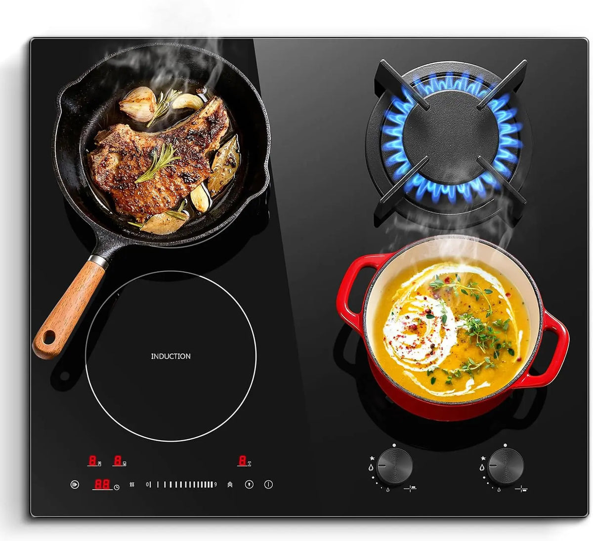 SNDOAS Table Cuisson Mixte Gaz Induction 4 Foyers 59cm – 7500 W, noir/gris