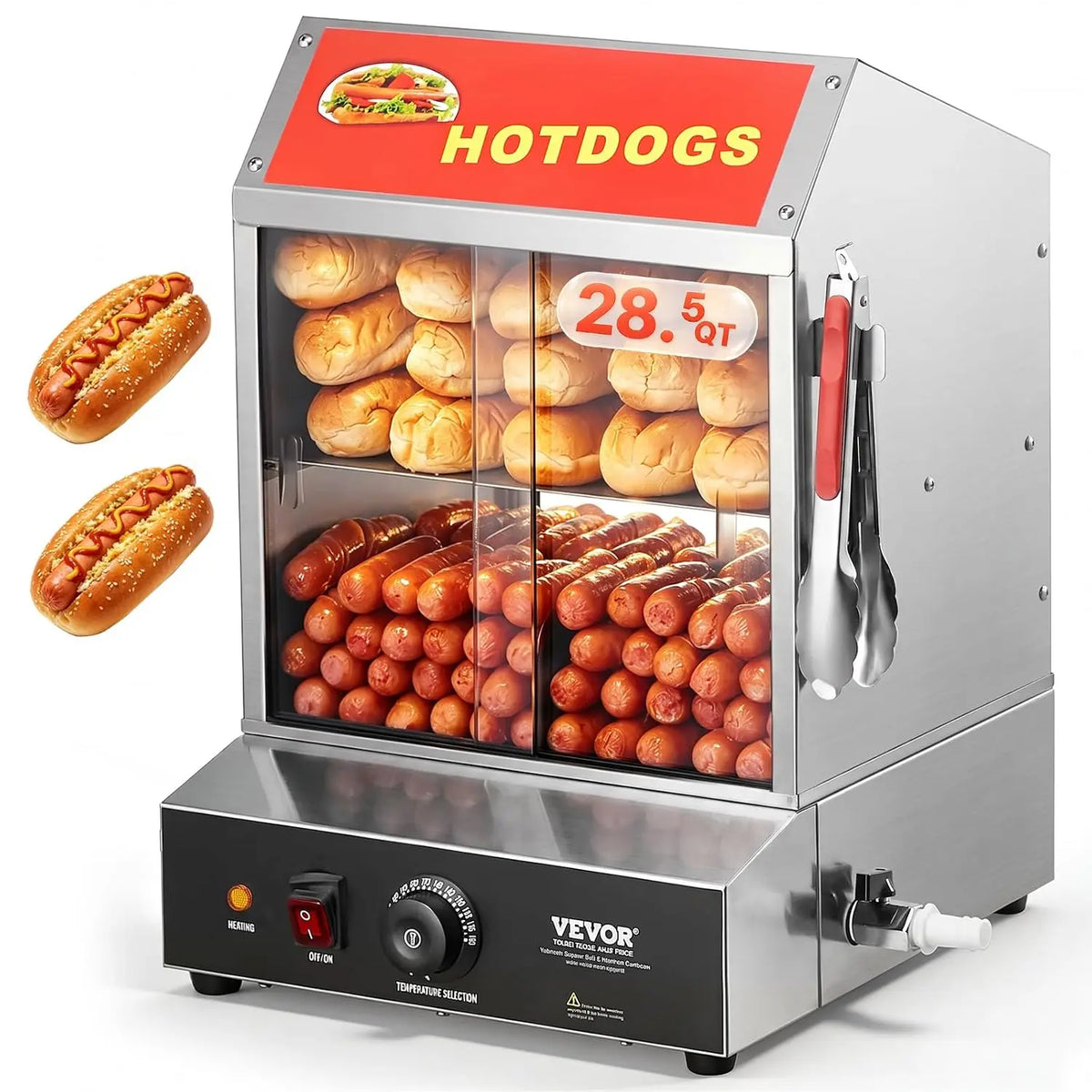 VEVOR Cuiseur à Vapeur Hot-Dogs – 1200 W, 27 L, 345 x 380 x 510 mm, gris/orange