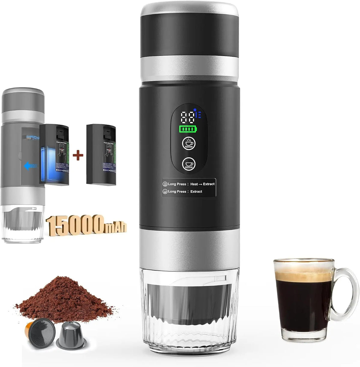 Mini Machine à Café portable avec 15000mAh Batterie – 80 ml, gris/noir