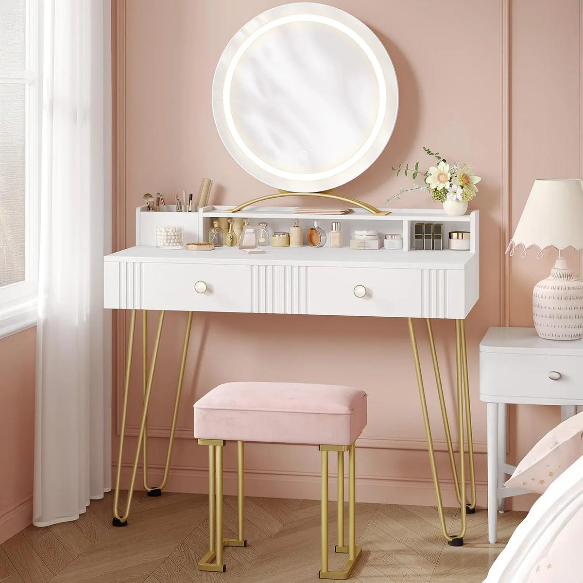 Hzuaneri Coiffeuse avec Tabouret et éclairage – DT42403XEU, 40 x 90 x 140 cm, blanc