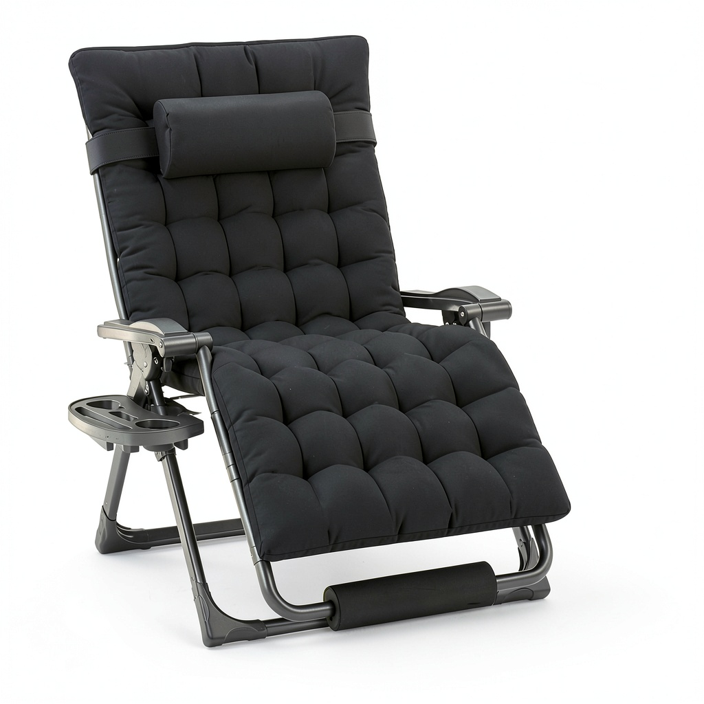 Chaise longue, inclinable, avec coussin, avec porte-gobelet, coloris noir, pour la terrasse ou le jardin