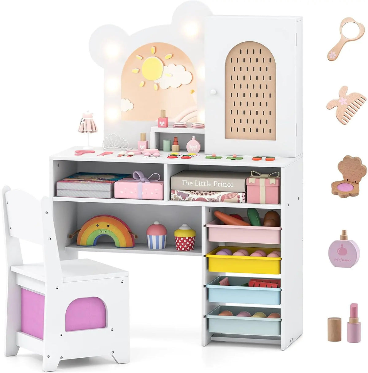 COSTWAY Coiffeuse Enfant Fille avec Chaise et Miroir Lumineux – blanc