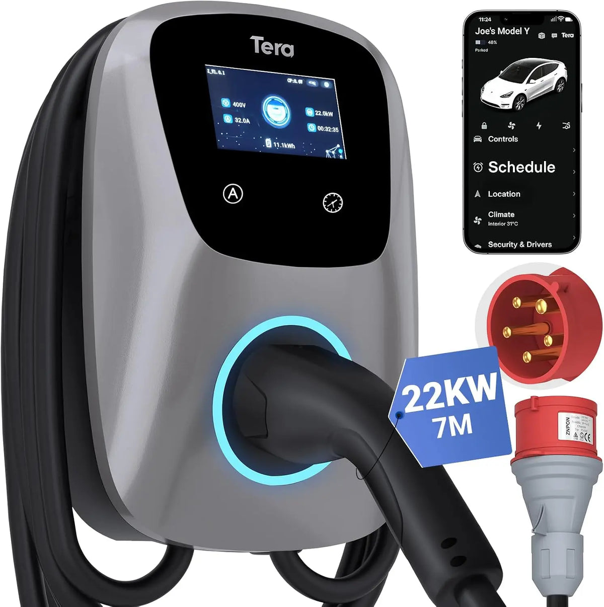 Tera Smart EV Chargeur Type 2 Wallbox: Borne de Recharge Vehicule Electrique 22kw Triphasé 32A 400V CE – gris/noir