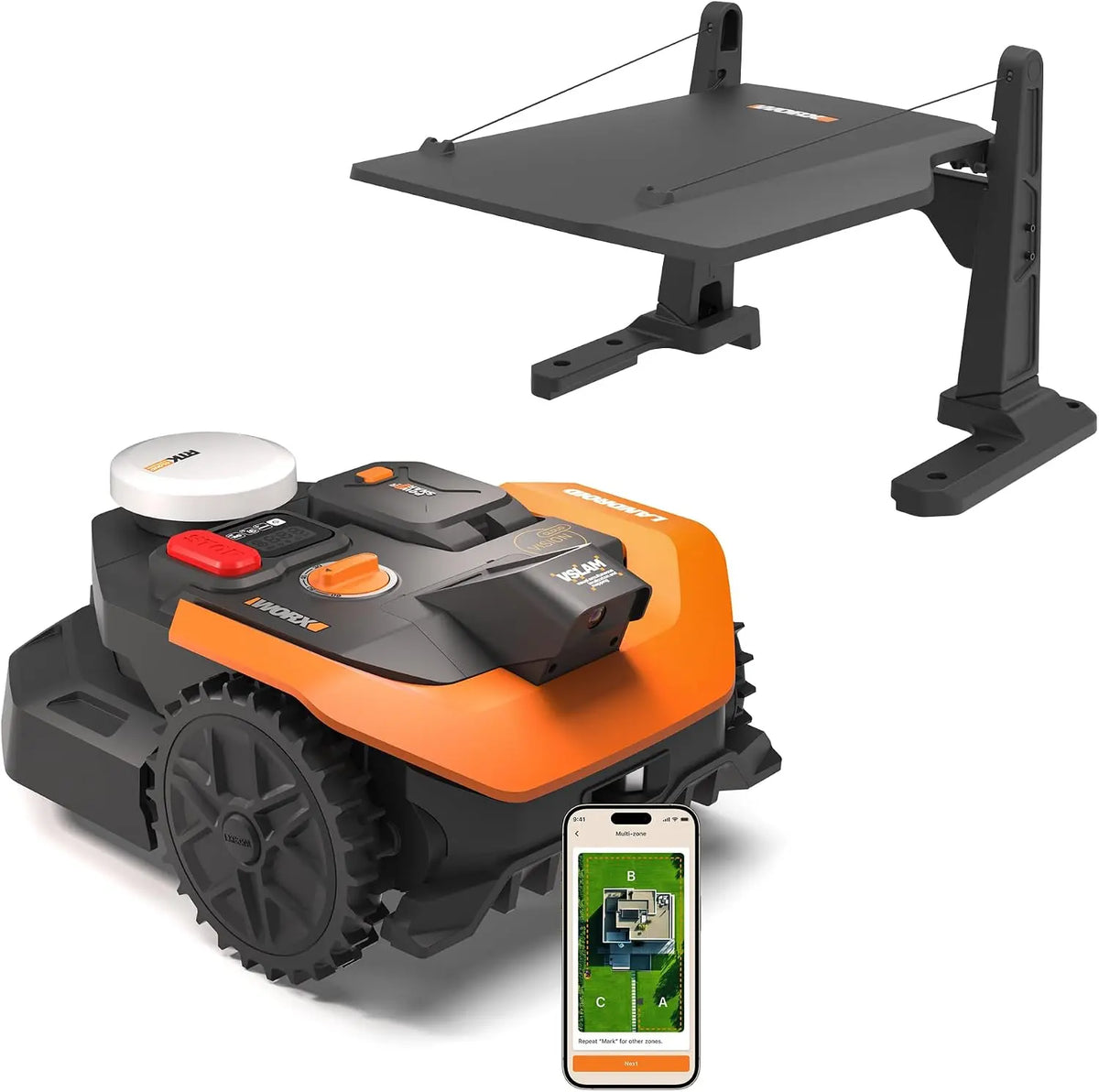 WORX Vision Cloud 2WD WR303E Robot tondeuse 300 m² sans fil périphérique + Garage évitement d'obstacles – gris/noir