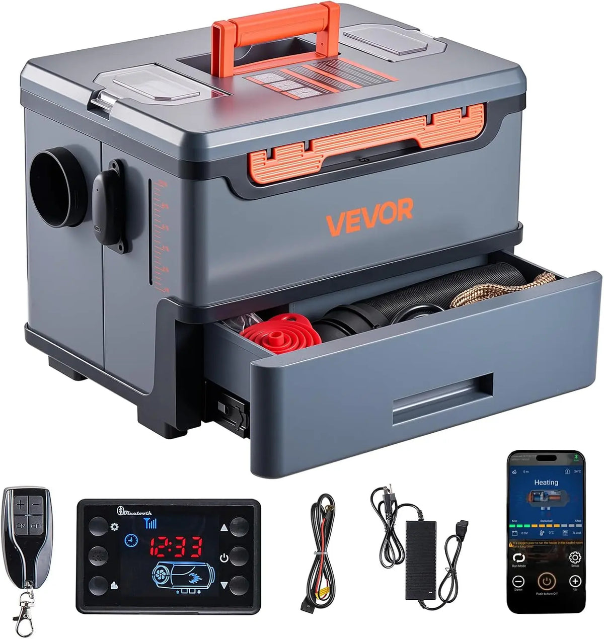 VEVOR Chauffage Diesel 8 kW DC 12 V/24 V – 0,4 L/h, 425 x 320 x 310 mm, 5,0 Hz, gris/bleu/noir