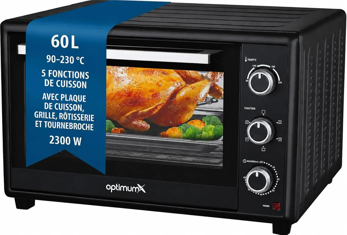 OptimumX Four Électrique 60L XXL à Chaleur Tournante – 2200 W, 58,4 x 46,4 x 37,6 cm, noir
